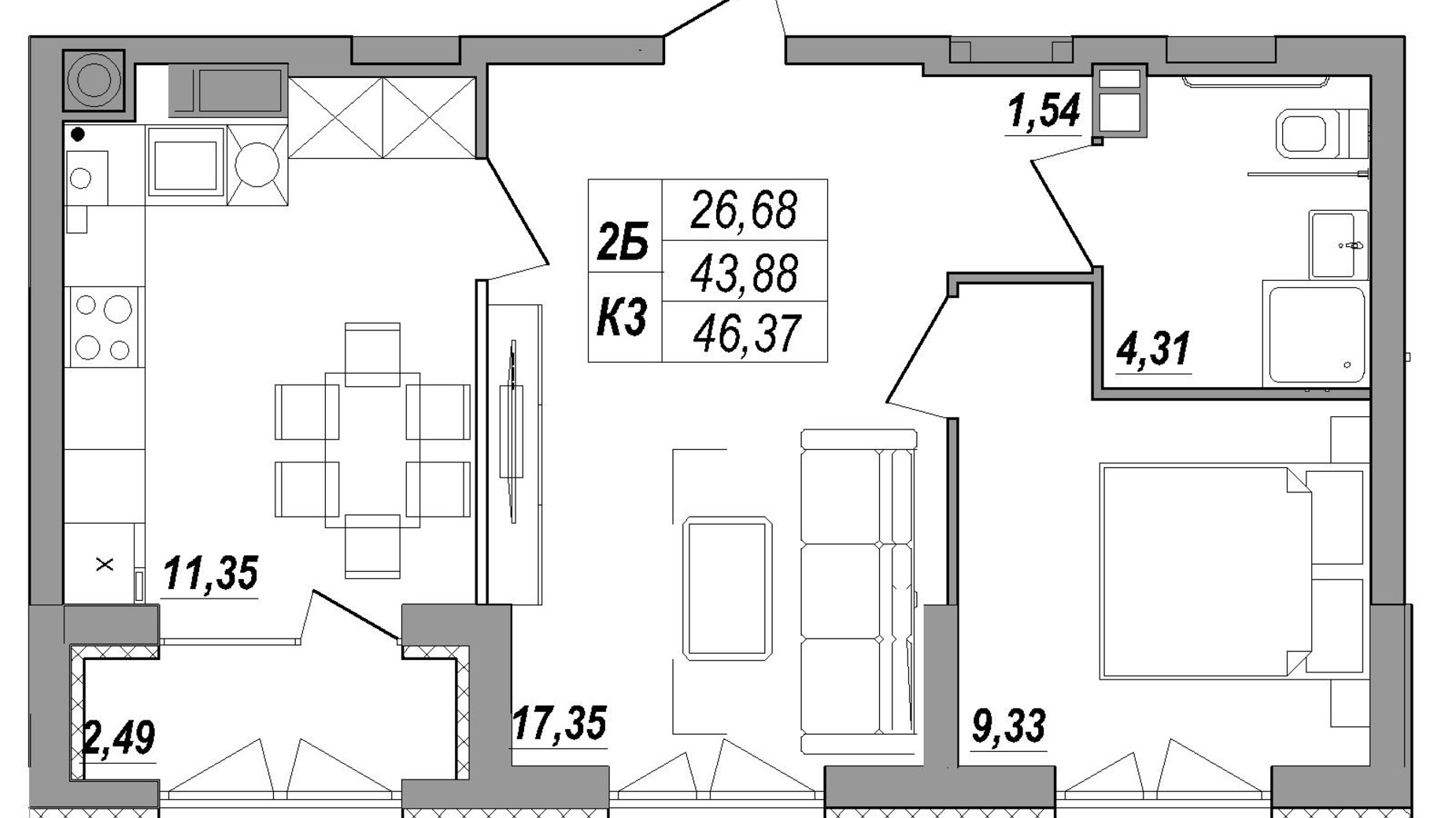 Планировка 2-комнатной квартиры в ЖК Солнечная Терраса 46.37 м², фото 550106