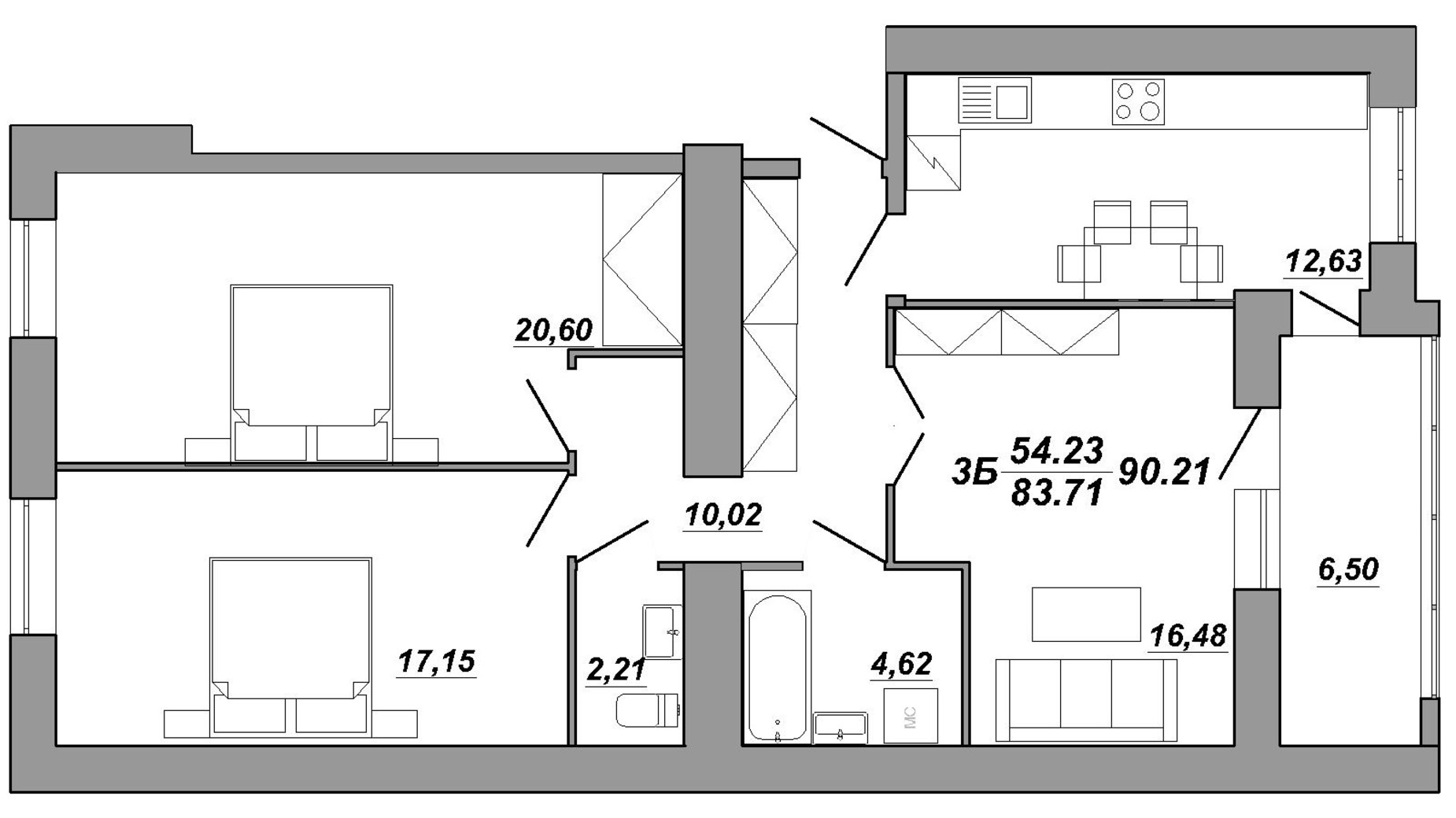 Планировка 3-комнатной квартиры в ЖК Рідний дім 90.1 м², фото 550109