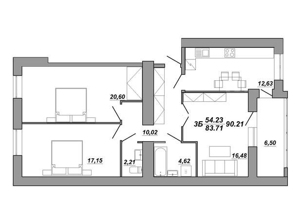 ЖК Рідний дім: планировка 3-комнатной квартиры 90.21 м²