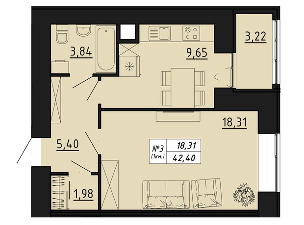 ЖК Freedom: планування 1-кімнатної квартири 42.4 м²