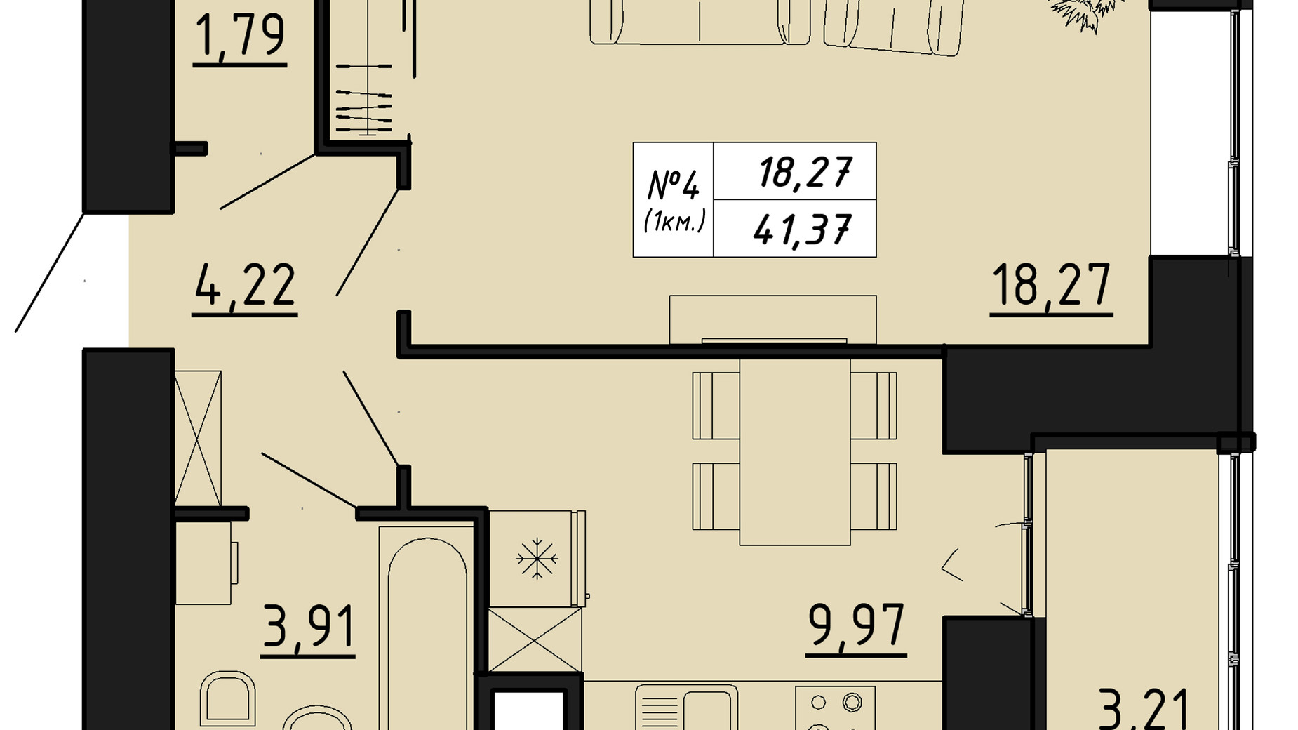 Планування 1-кімнатної квартири в ЖК Freedom 41.37 м², фото 550111