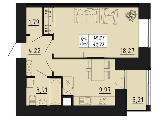 ЖК Freedom: планировка 1-комнатной квартиры 41.37 м²