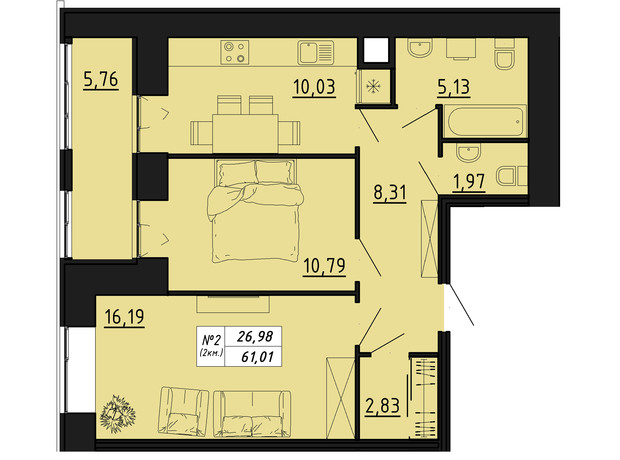 ЖК Freedom: планування 2-кімнатної квартири 61.01 м²
