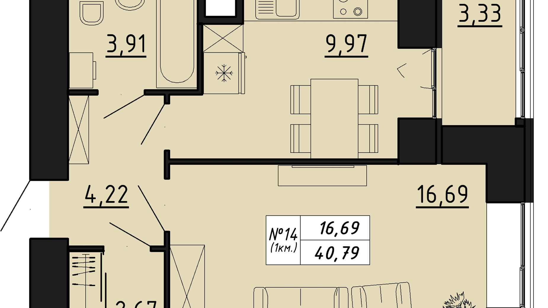 Планування 1-кімнатної квартири в ЖК Freedom 40.79 м², фото 550113