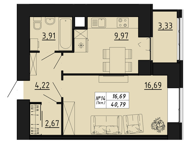 ЖК Freedom: планування 1-кімнатної квартири 40.79 м²