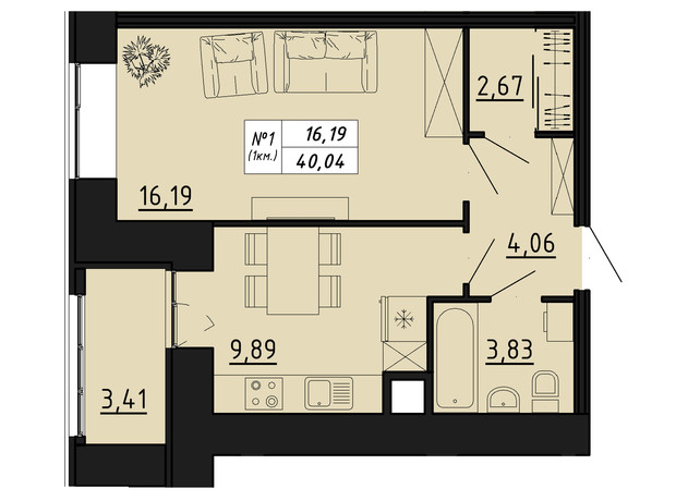 ЖК Freedom: планування 1-кімнатної квартири 40.04 м²