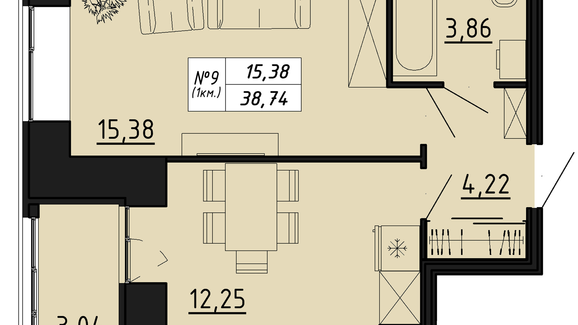 Планування 1-кімнатної квартири в ЖК Freedom 38.74 м², фото 550117