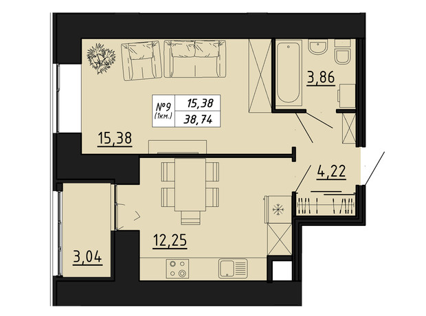 ЖК Freedom: планировка 1-комнатной квартиры 38.74 м²