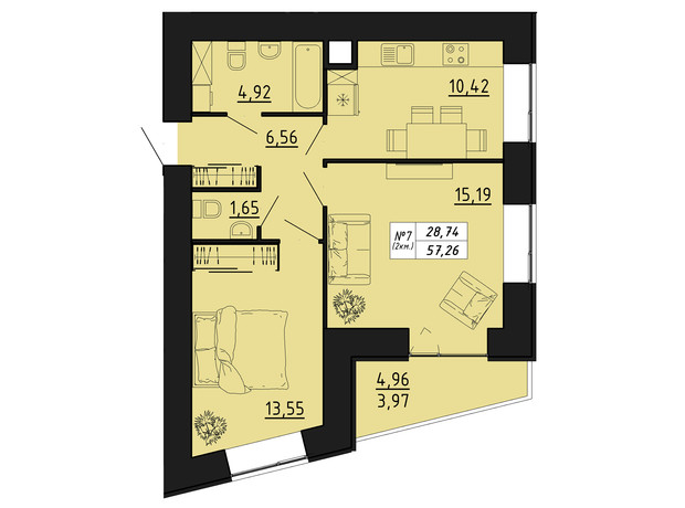 ЖК Freedom: планування 2-кімнатної квартири 57.26 м²