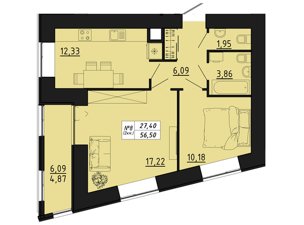 ЖК Freedom: планировка 2-комнатной квартиры 56.5 м²
