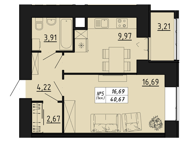 ЖК Freedom: планування 1-кімнатної квартири 40.67 м²