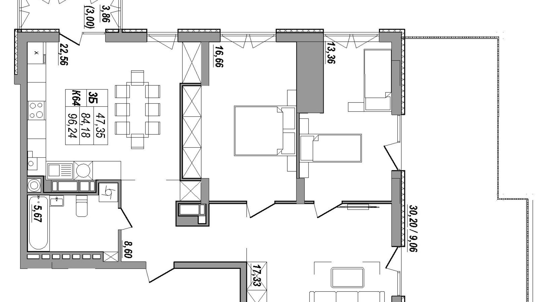 Планування 3-кімнатної квартири в ЖК Сонячна Тераса 96.24 м², фото 550122