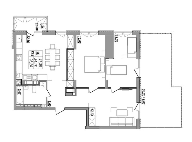 ЖК Солнечная Терраса: планировка 3-комнатной квартиры 96.24 м²