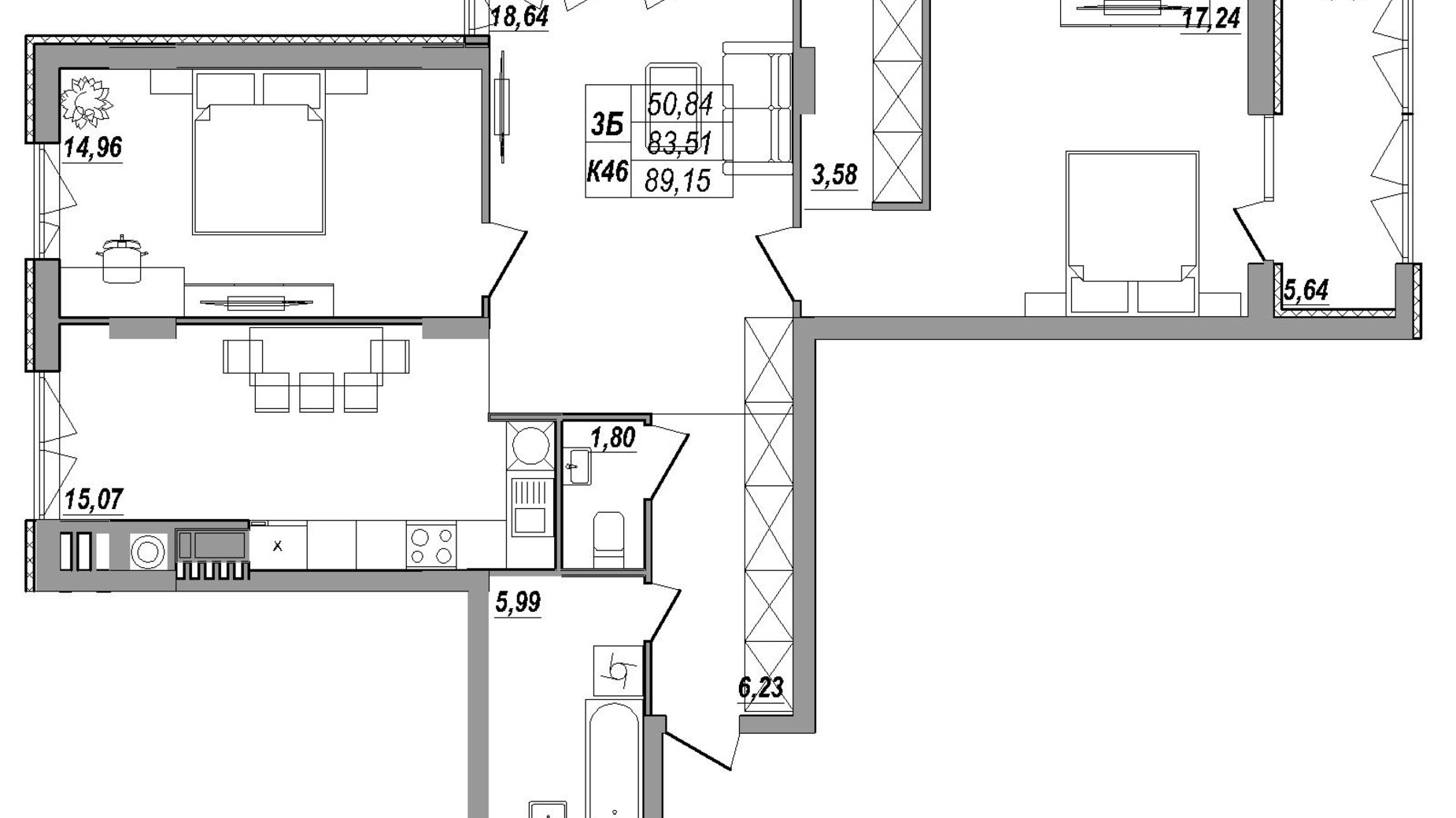 Планировка 3-комнатной квартиры в ЖК Солнечная Терраса 89.15 м², фото 550123