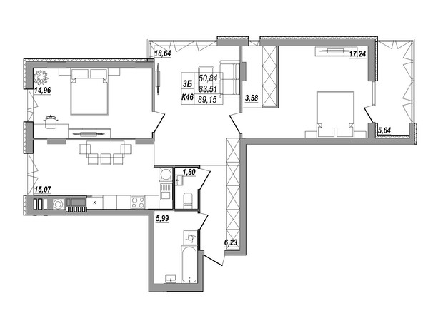 ЖК Солнечная Терраса: планировка 3-комнатной квартиры 89.15 м²