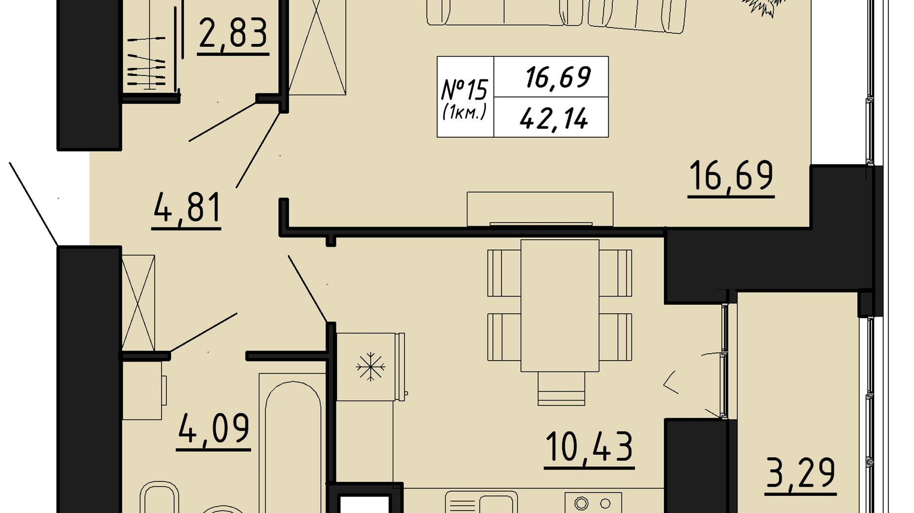 Планування 1-кімнатної квартири в ЖК Freedom 42.14 м², фото 550126