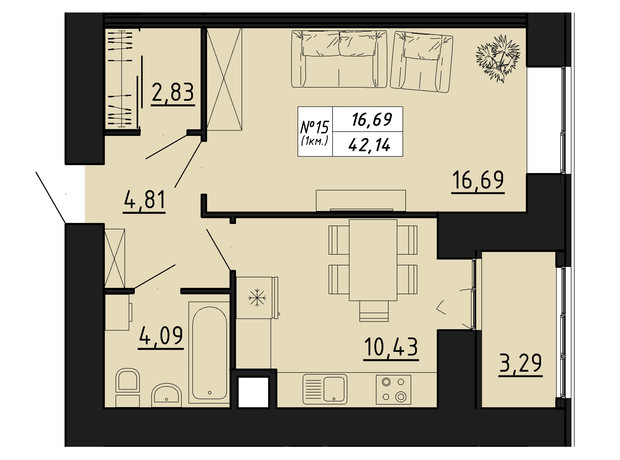 ЖК Freedom: планировка 1-комнатной квартиры 42.14 м²