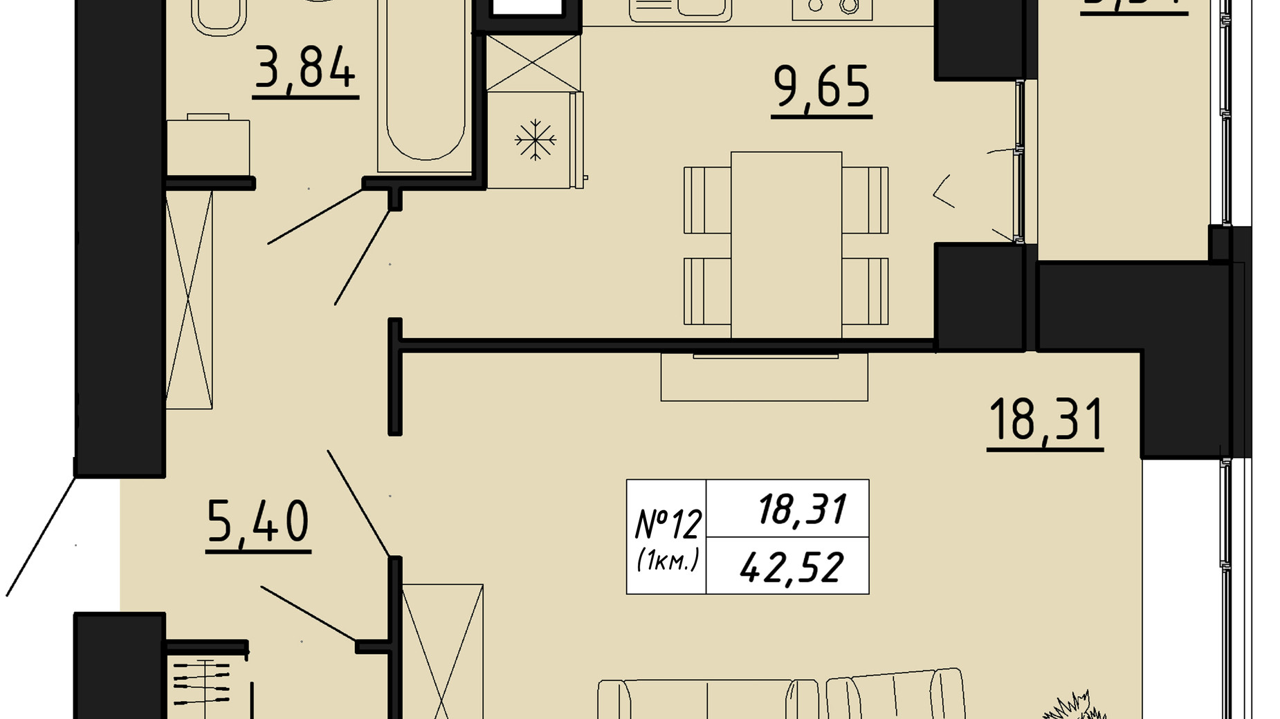 Планування 1-кімнатної квартири в ЖК Freedom 42.52 м², фото 550127