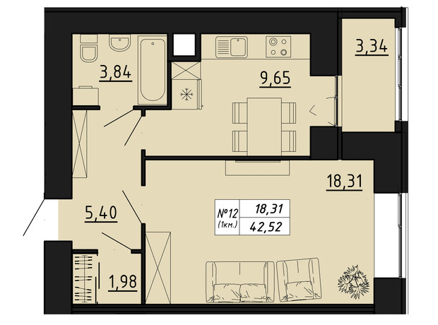 ЖК Freedom: планування 1-кімнатної квартири 42.52 м²