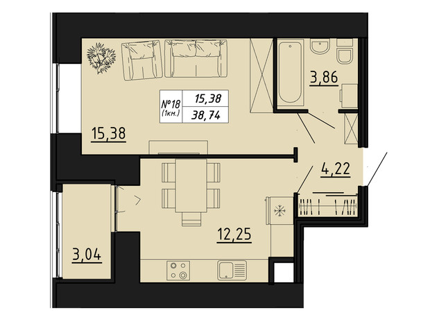 ЖК Freedom: планування 1-кімнатної квартири 38.74 м²