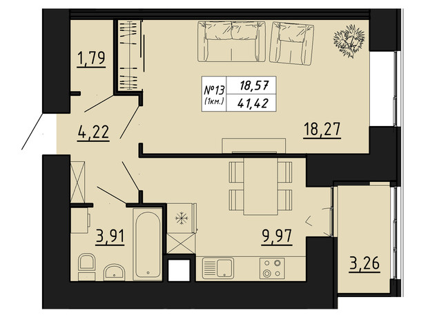 ЖК Freedom: планировка 1-комнатной квартиры 41.42 м²