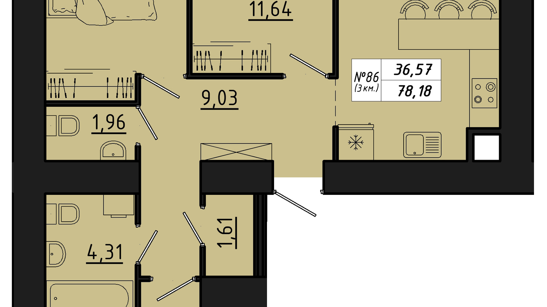 Планировка 3-комнатной квартиры в ЖК Freedom 78.18 м², фото 550130