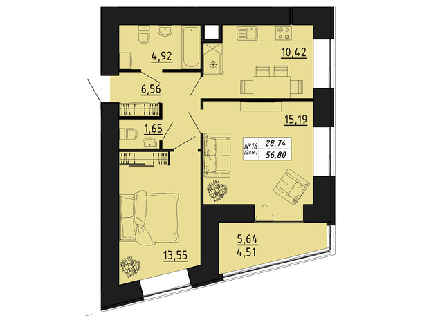 ЖК Freedom: планировка 2-комнатной квартиры 56.8 м²