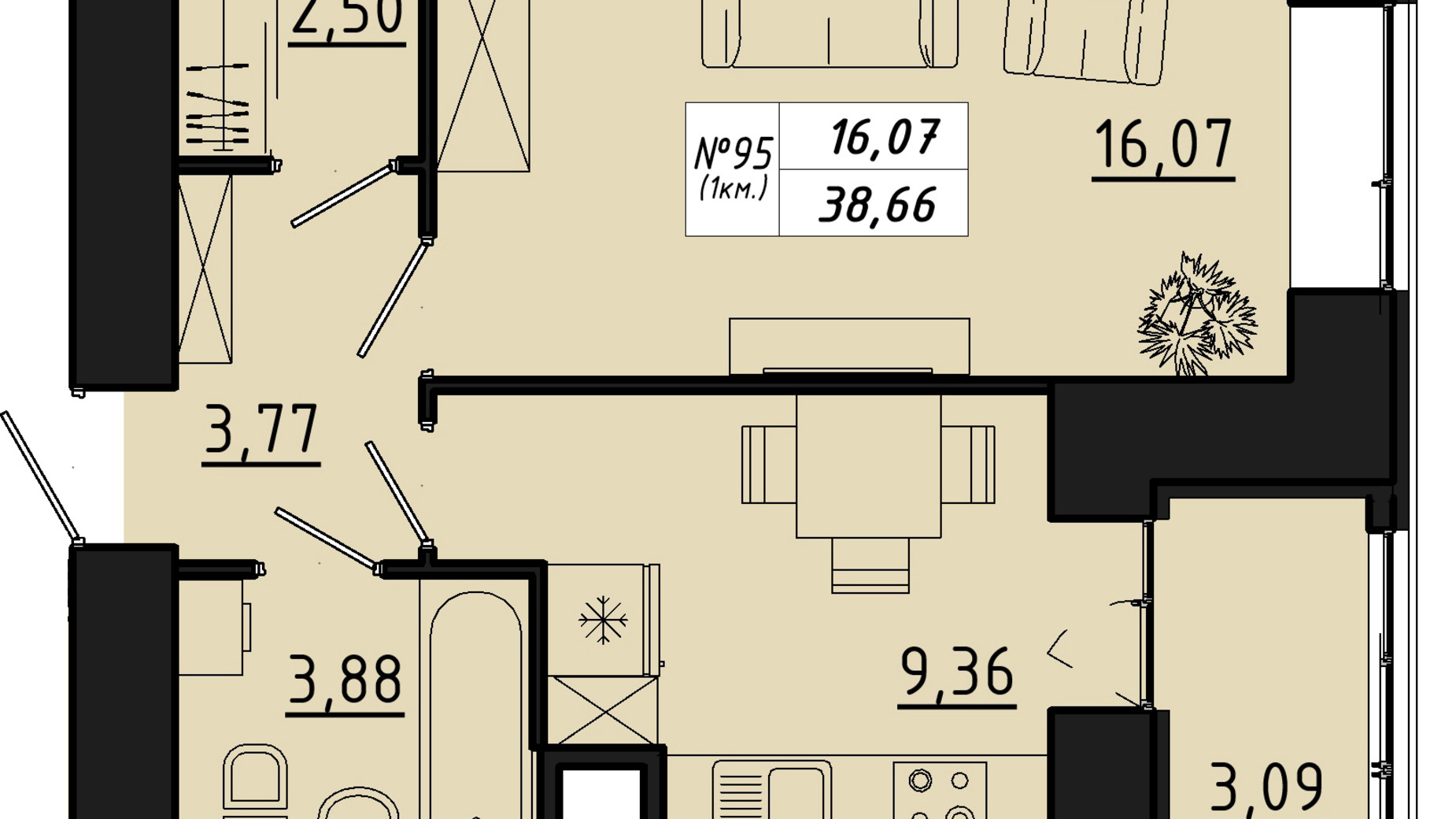 Планування 1-кімнатної квартири в ЖК Freedom 38.66 м², фото 550138