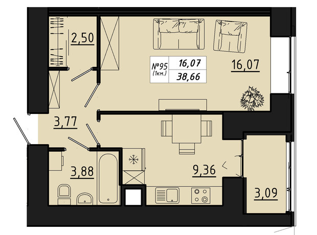 ЖК Freedom: планування 1-кімнатної квартири 38.66 м²