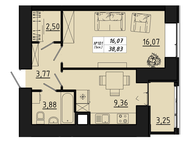 ЖК Freedom: планування 1-кімнатної квартири 38.83 м²