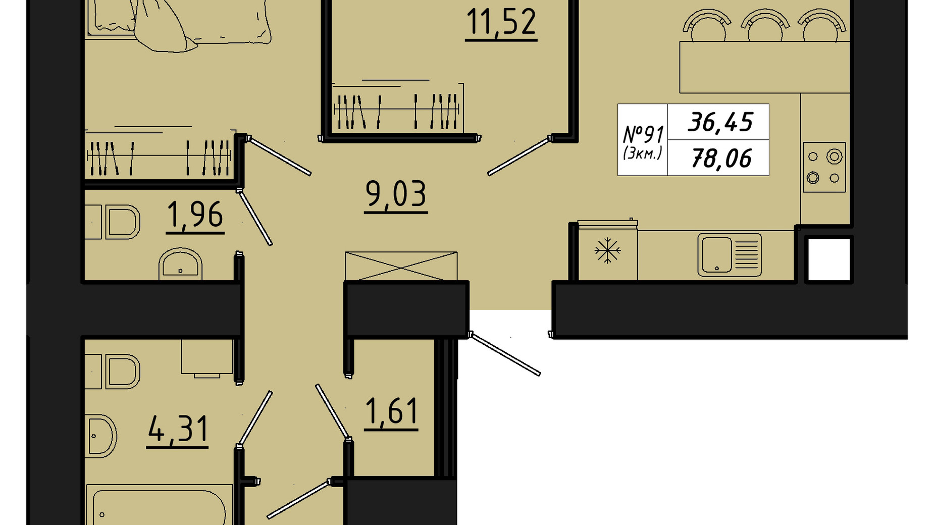 Планировка 3-комнатной квартиры в ЖК Freedom 78.06 м², фото 550140