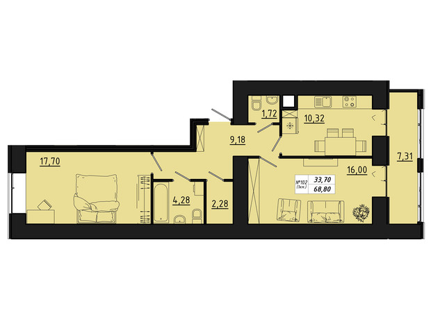 ЖК Freedom: планировка 2-комнатной квартиры 68.8 м²