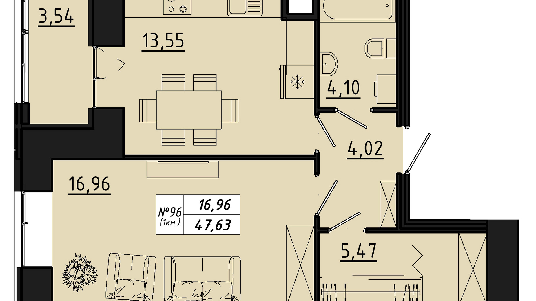 Планування 1-кімнатної квартири в ЖК Freedom 47.63 м², фото 550143