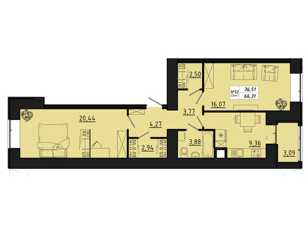 ЖК Freedom: планування 2-кімнатної квартири 66.31 м²