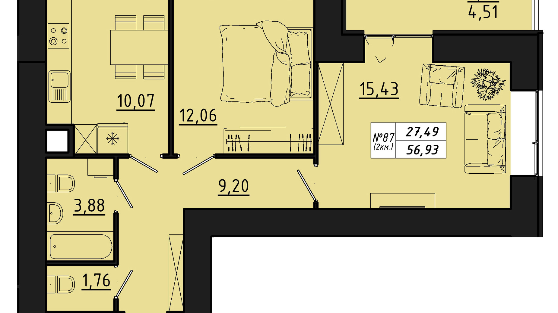 Планування 2-кімнатної квартири в ЖК Freedom 56.93 м², фото 550145