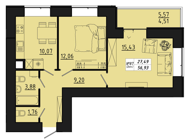 ЖК Freedom: планування 2-кімнатної квартири 56.93 м²