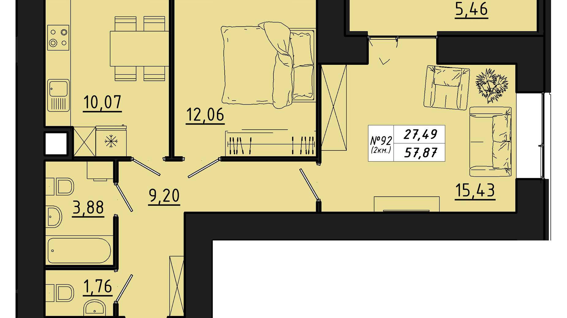 Планування 2-кімнатної квартири в ЖК Freedom 57.88 м², фото 550146