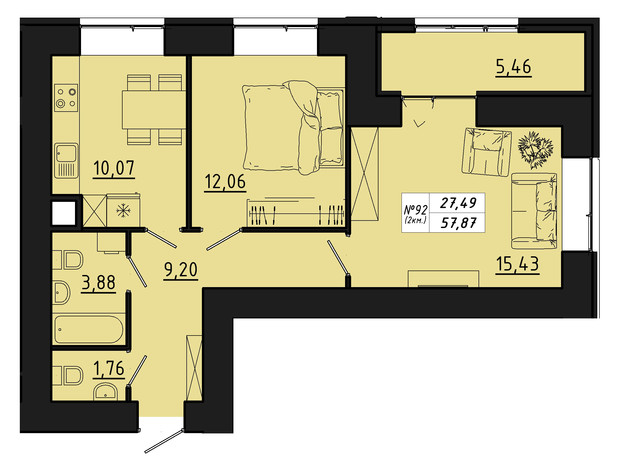 ЖК Freedom: планировка 2-комнатной квартиры 57.88 м²
