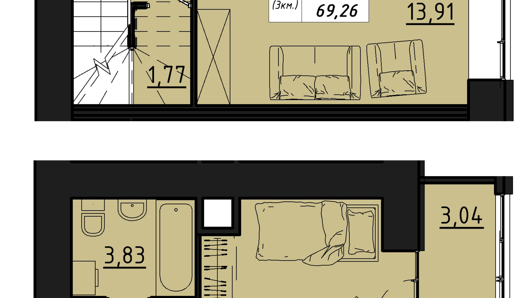 Планировка много­уровневой квартиры в ЖК Freedom 69.26 м², фото 550148