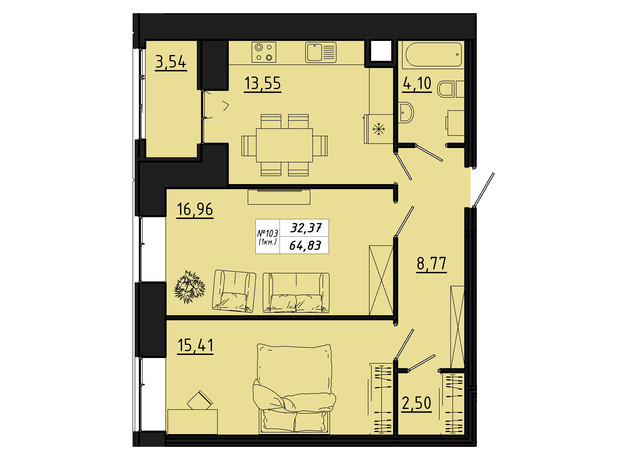 ЖК Freedom: планировка 2-комнатной квартиры 64.83 м²