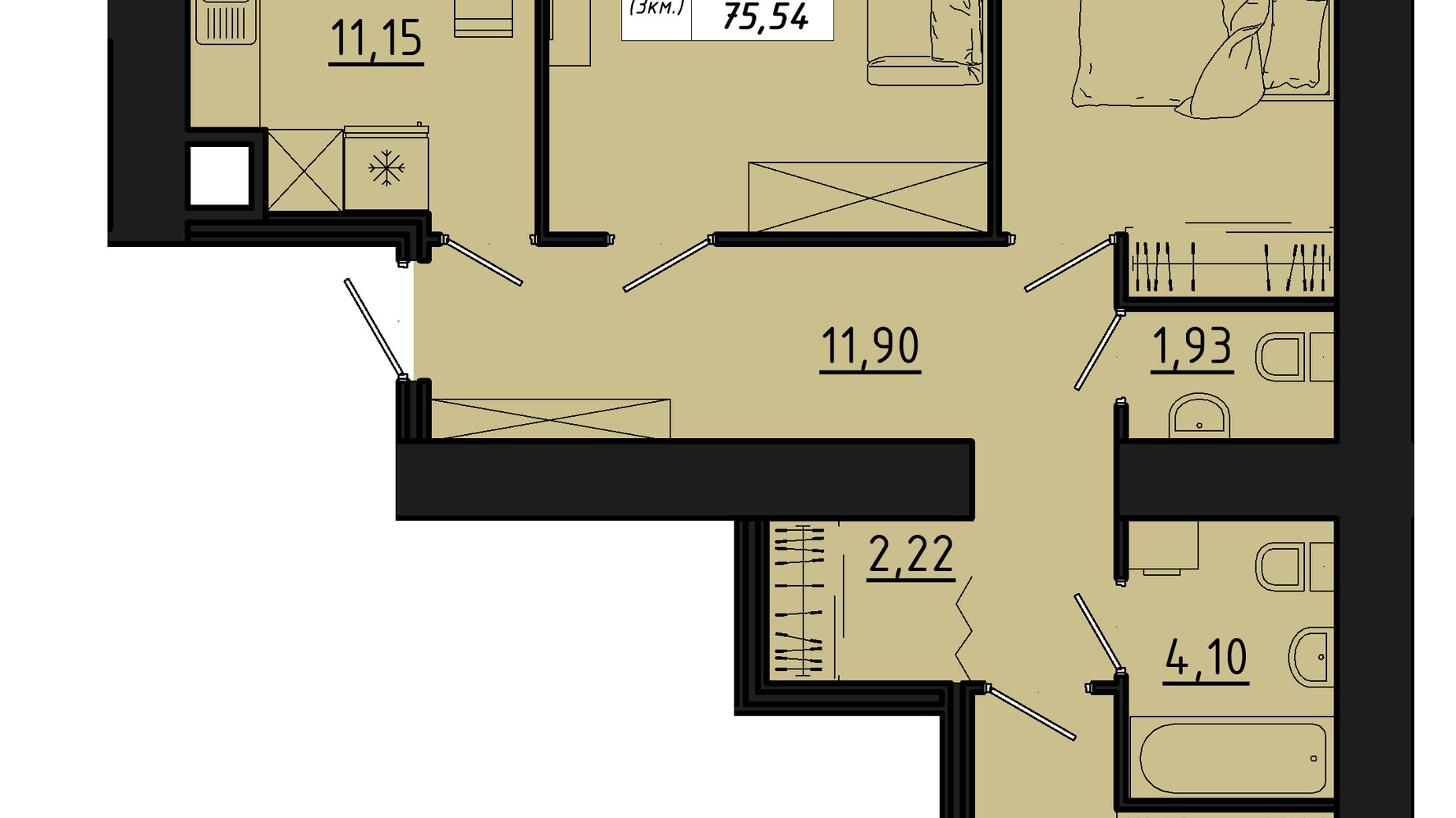 Планування 3-кімнатної квартири в ЖК Freedom 75.54 м², фото 550154