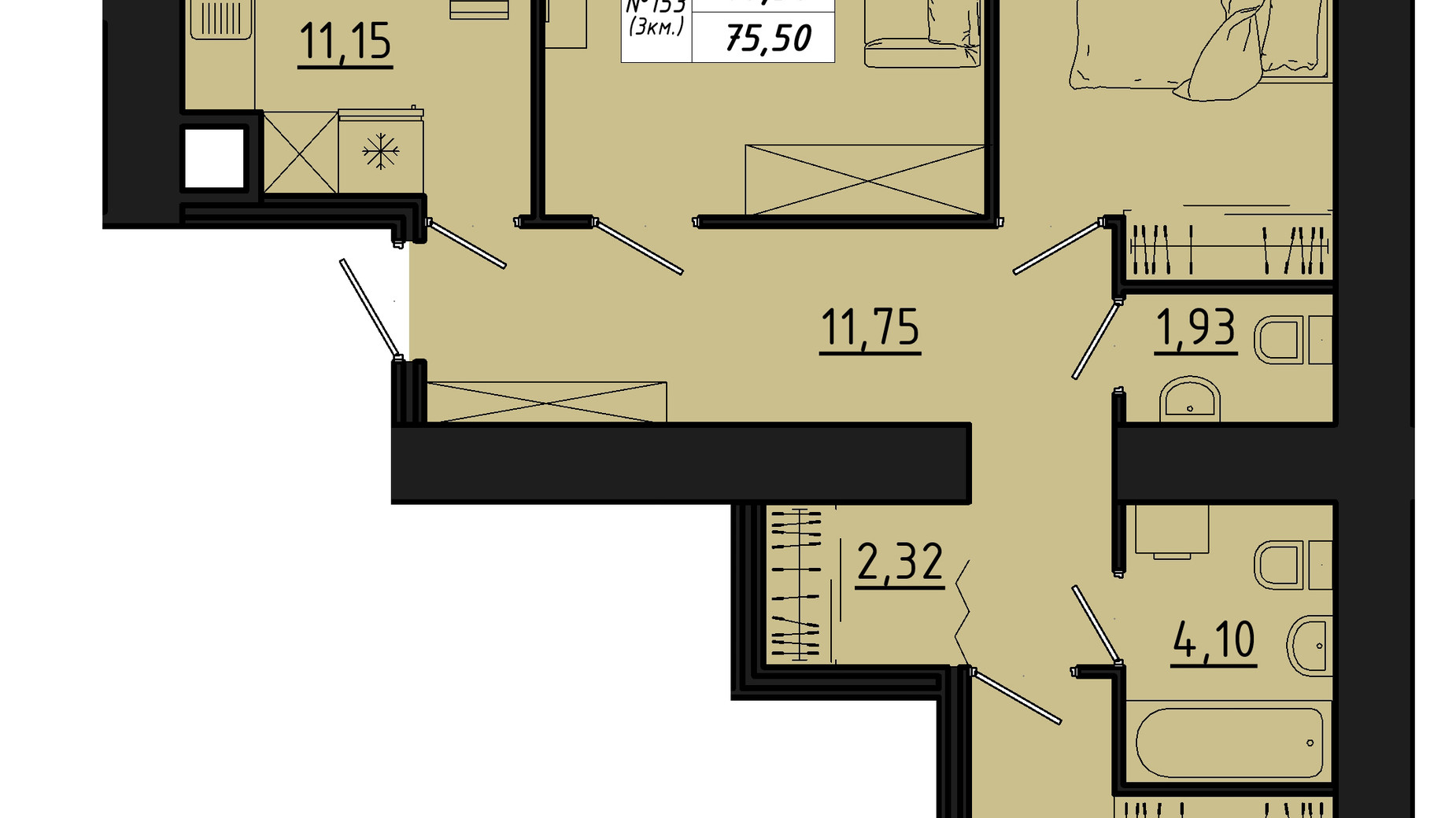 Планування 3-кімнатної квартири в ЖК Freedom 75.5 м², фото 550159