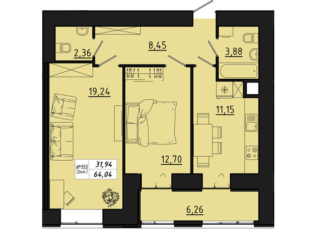 ЖК Freedom: планировка 2-комнатной квартиры 64.04 м²