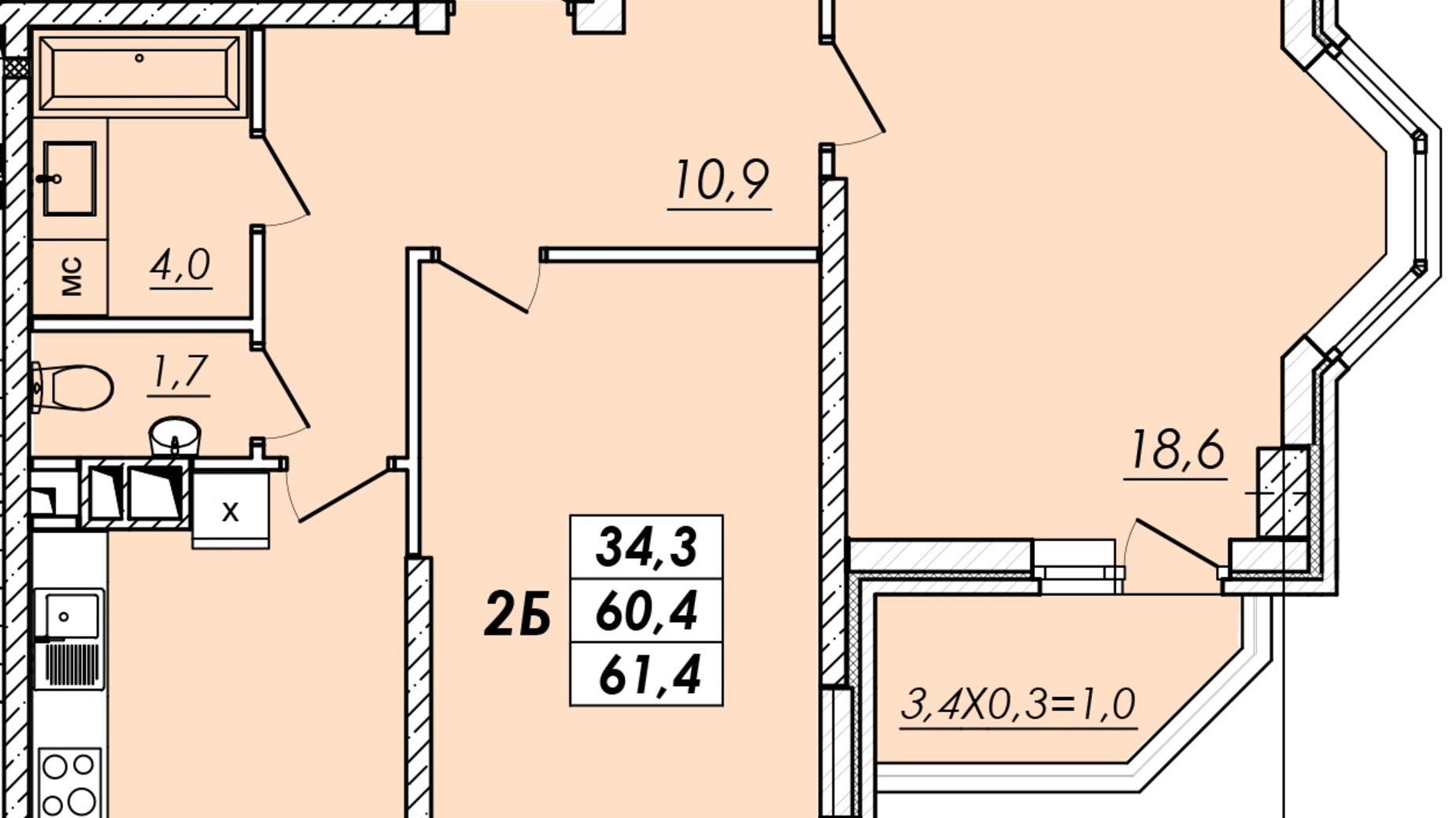Планування 2-кімнатної квартири в ЖК Realpark 61.4 м², фото 550223