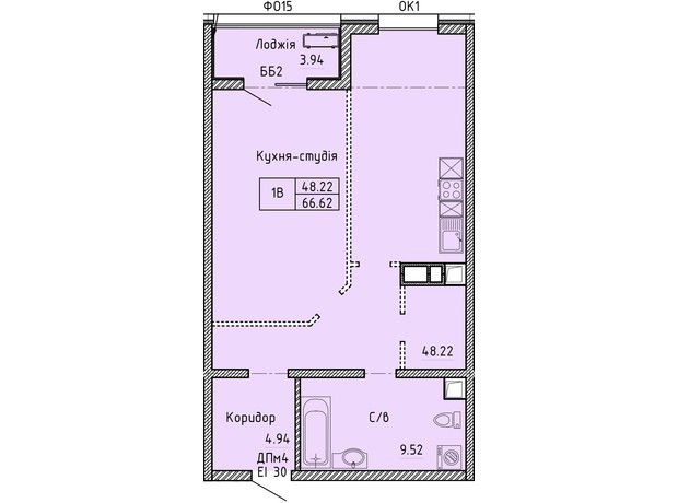 ЖК Олімпійський: планування 1-кімнатної квартири 66.7 м²