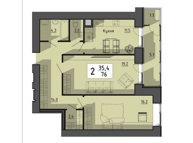 ЖК Файне місто: планування 2-кімнатної квартири 76 м²