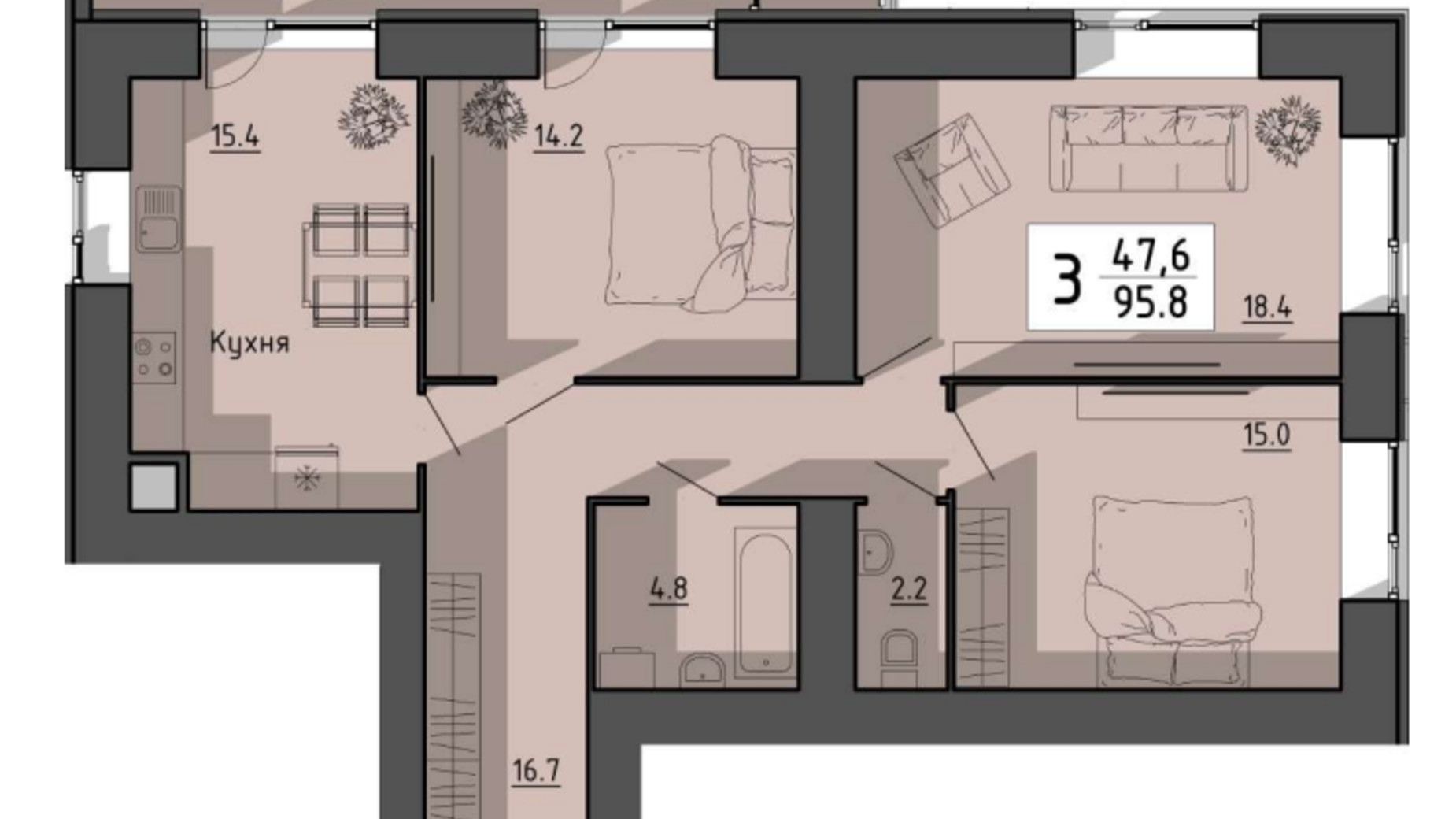 Планировка 3-комнатной квартиры в ЖК Файне місто 95.8 м², фото 550410