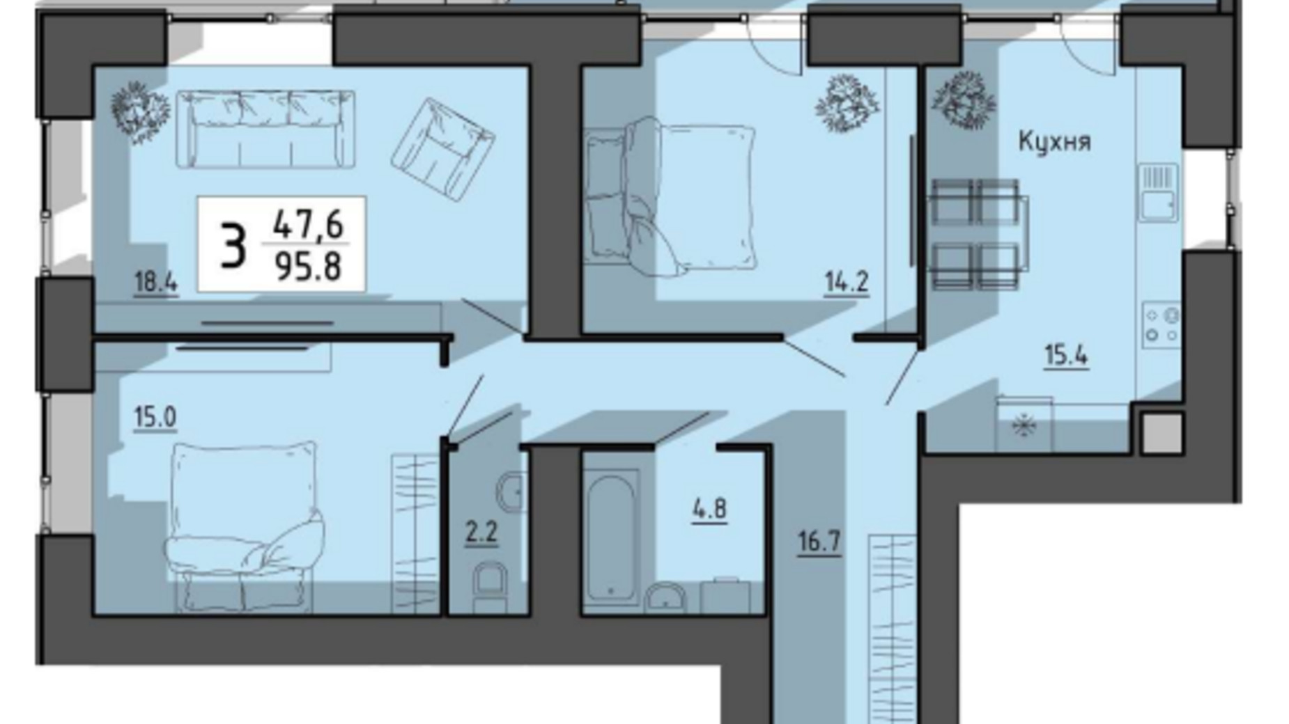 Планування 3-кімнатної квартири в ЖК Файне місто 95.8 м², фото 550426