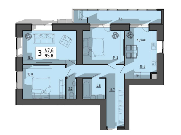 ЖК Файне місто: планировка 3-комнатной квартиры 95.8 м²