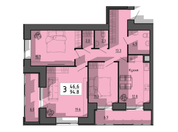 ЖК Файне місто: планування 3-кімнатної квартири 94.8 м²